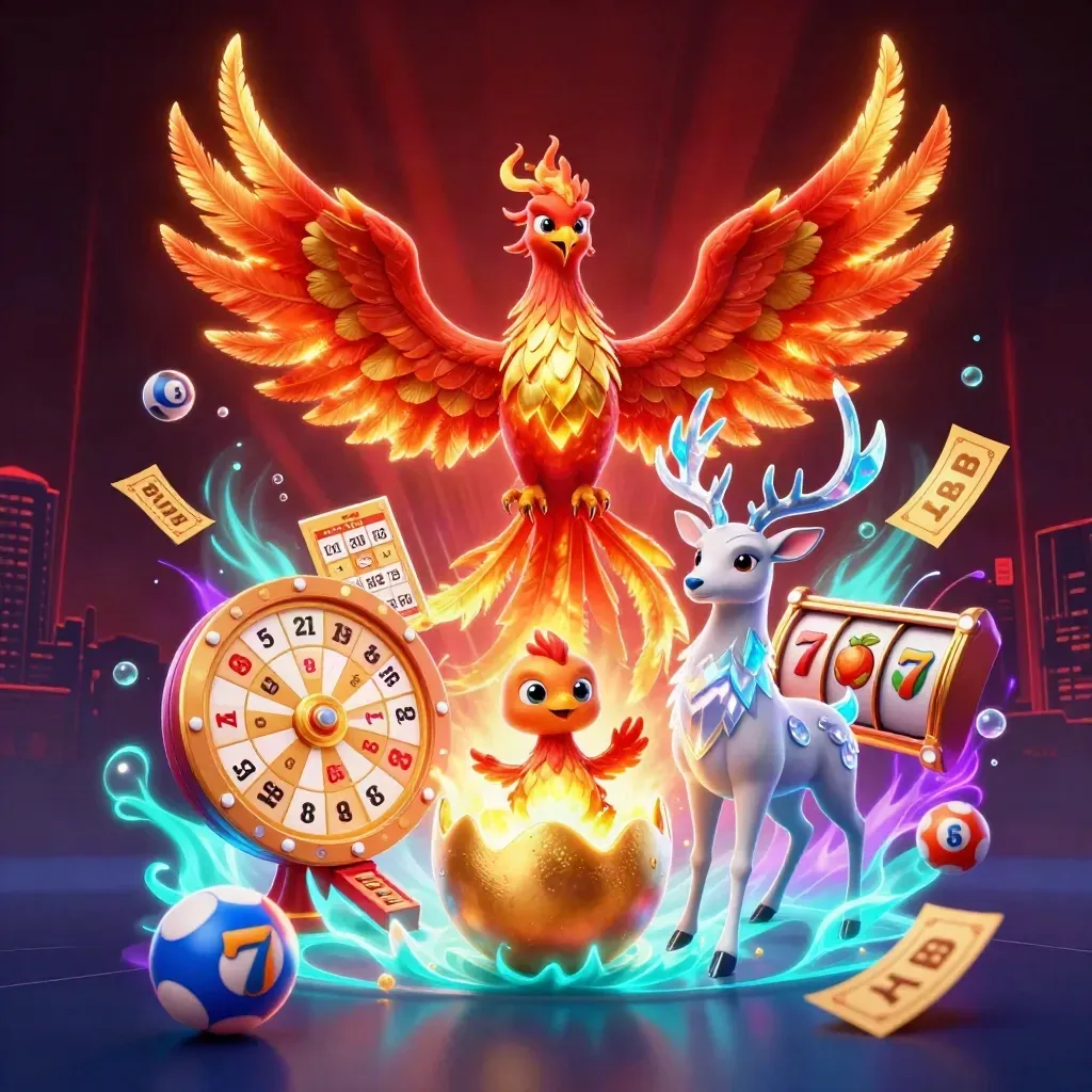 Phoenix, hatchling, and crystal stag burst through casino symbols in cosmic neon gold and cyan.