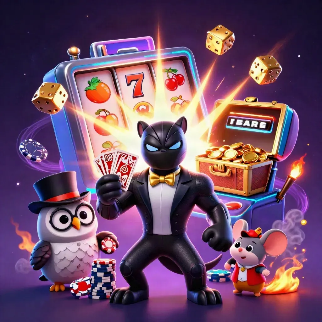 Black panther, owl and mouse crowd a jackpot slot machine in cosmic neon casino key art