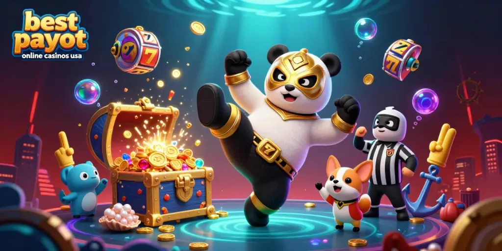 Best payout online casinos usa scene with a wrestling panda and animated casino elements
