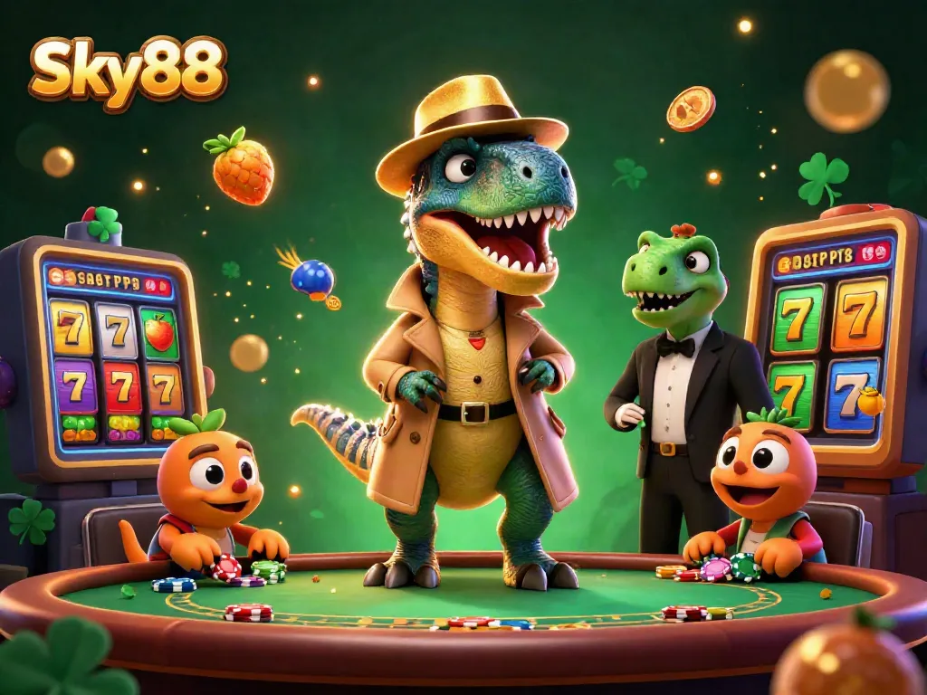 Sky88 velociraptor card counter playing blackjack, surrounded by slot game elements and a vibrant casino atmosphere.