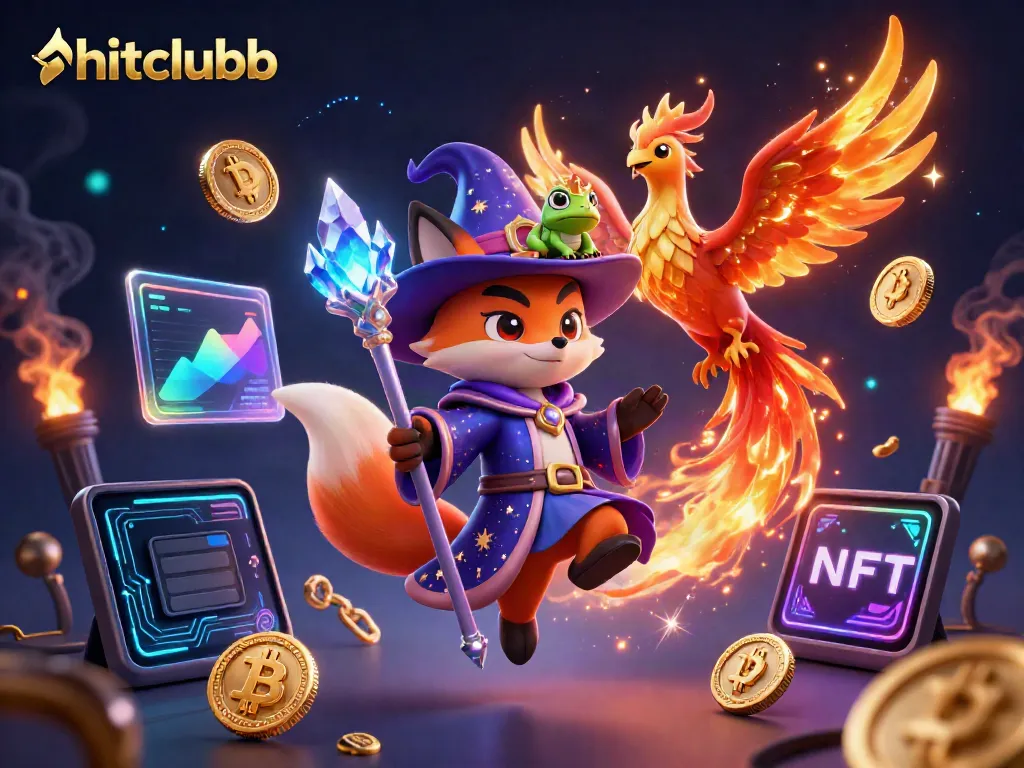 Join the mystical adventure with hitclubb, featuring a wizard fox, phoenix, and crypto-themed elements in a vibrant casino scene.