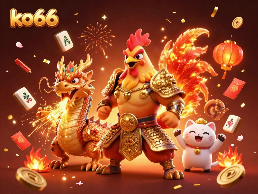 Experience the excitement of KO66 with a dynamic scene featuring a fighting rooster and dragon hatchling amidst festive symbols.