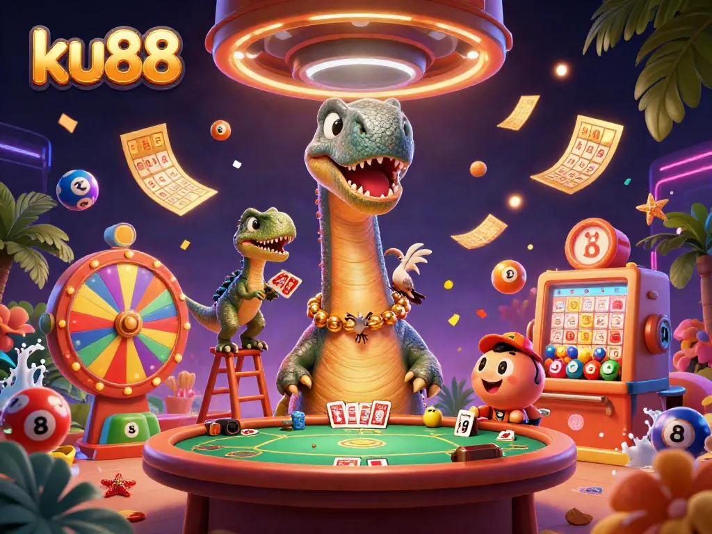 Experience thrilling gaming with ku88 in a vibrant casino scene featuring playful dinosaurs.