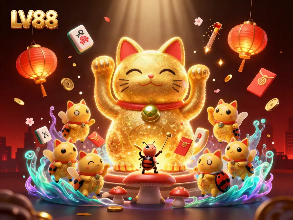 Experience the thrill of LV88 gaming with a dynamic illustration showcasing a lucky cat shaped by golden fireflies amidst vibrant casino elements.