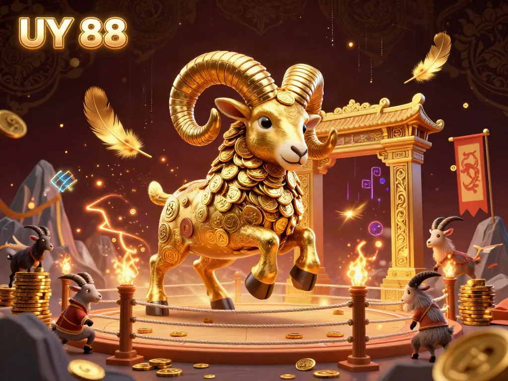Experience the thrilling world of UY 88 with a golden ram charging through a dynamic casino scene.