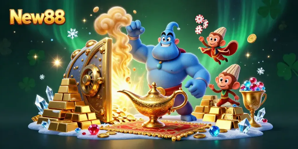 Engage with New88's enchanting casino gaming scene featuring a magical genie and treasures.