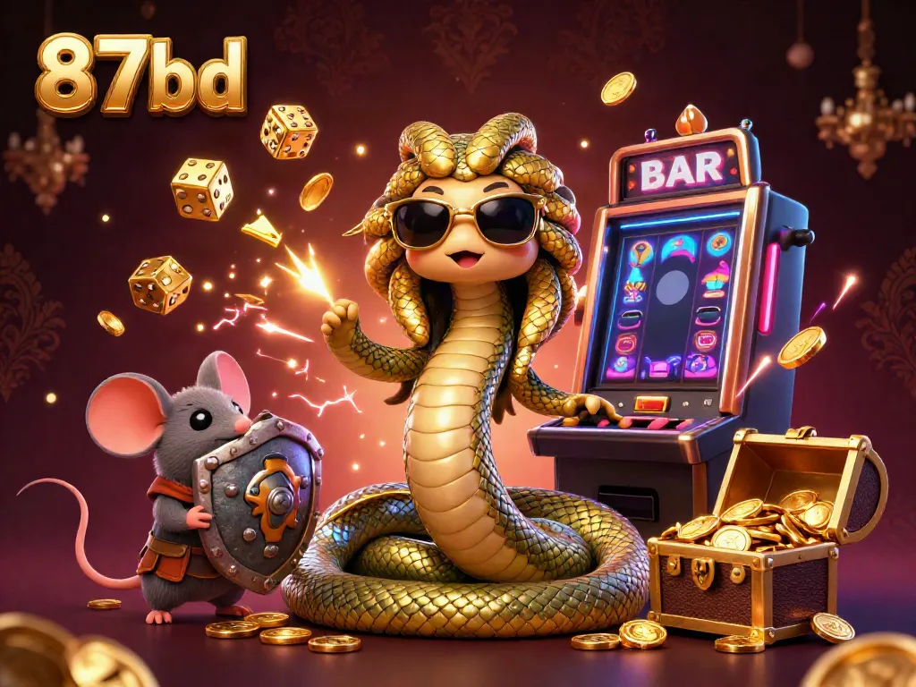 Play exciting casino games at 87bd with a lively 3D illustration including vibrant characters and jackpot symbols.