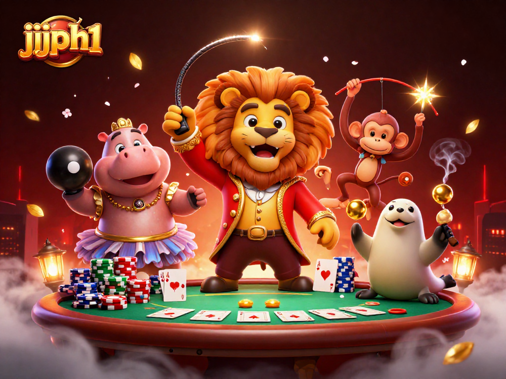 Ang jjjph1 ay nagpapakita ng mga karakter na naglalaro ng poker sa masayang casino scene.