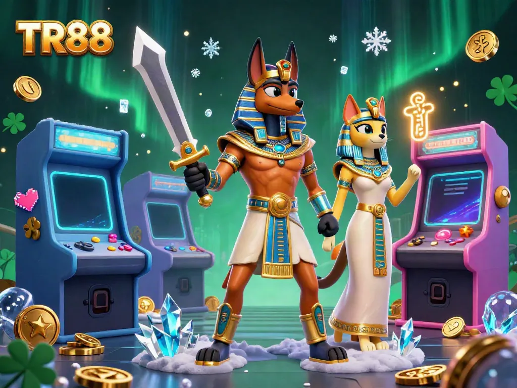 Experience the thrilling TR88 casino adventure with Anubis and Bastet in a vibrant 3D gaming scene.