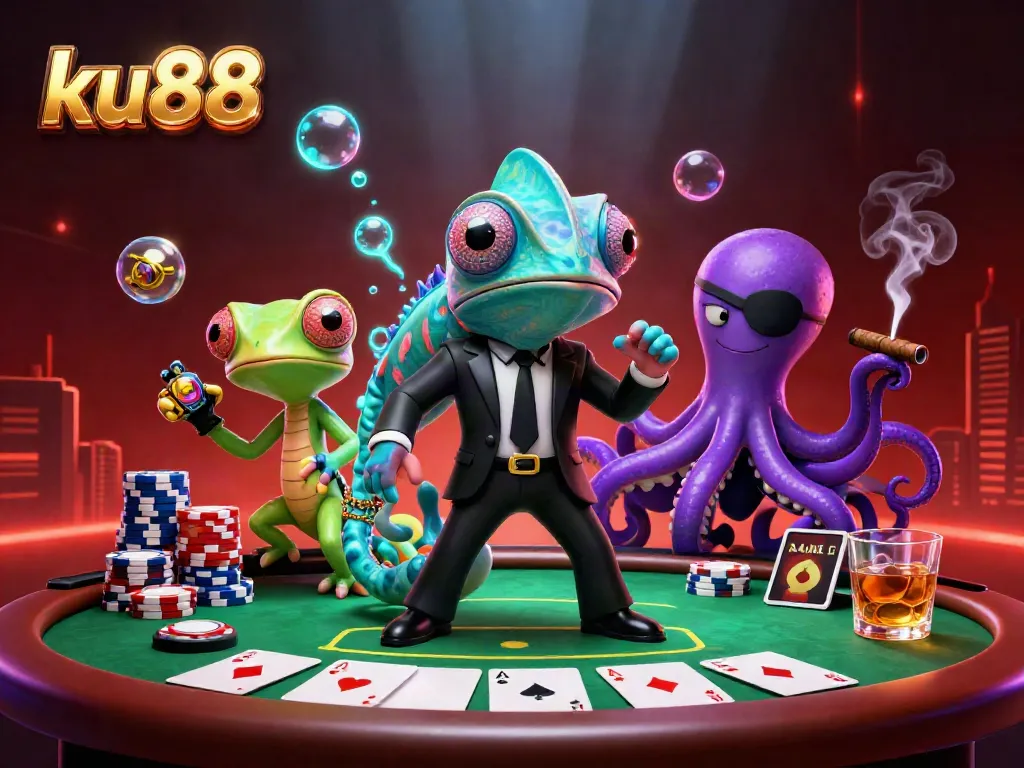 Experience exciting gambling adventures with ku88 featuring a stylish chameleon agent and companions in a dynamic casino scene.
