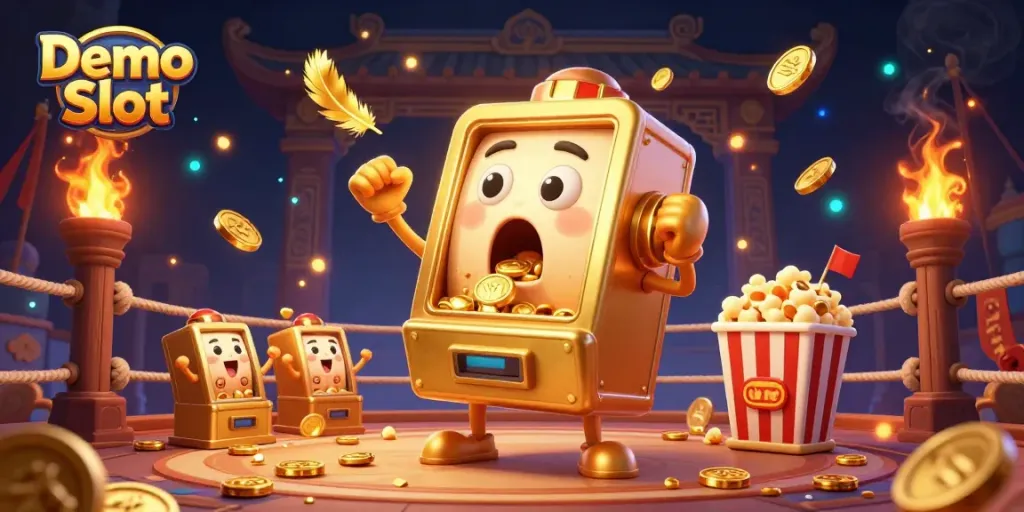 Spin the Demo Slot to win coins in this vibrant animated casino scene.