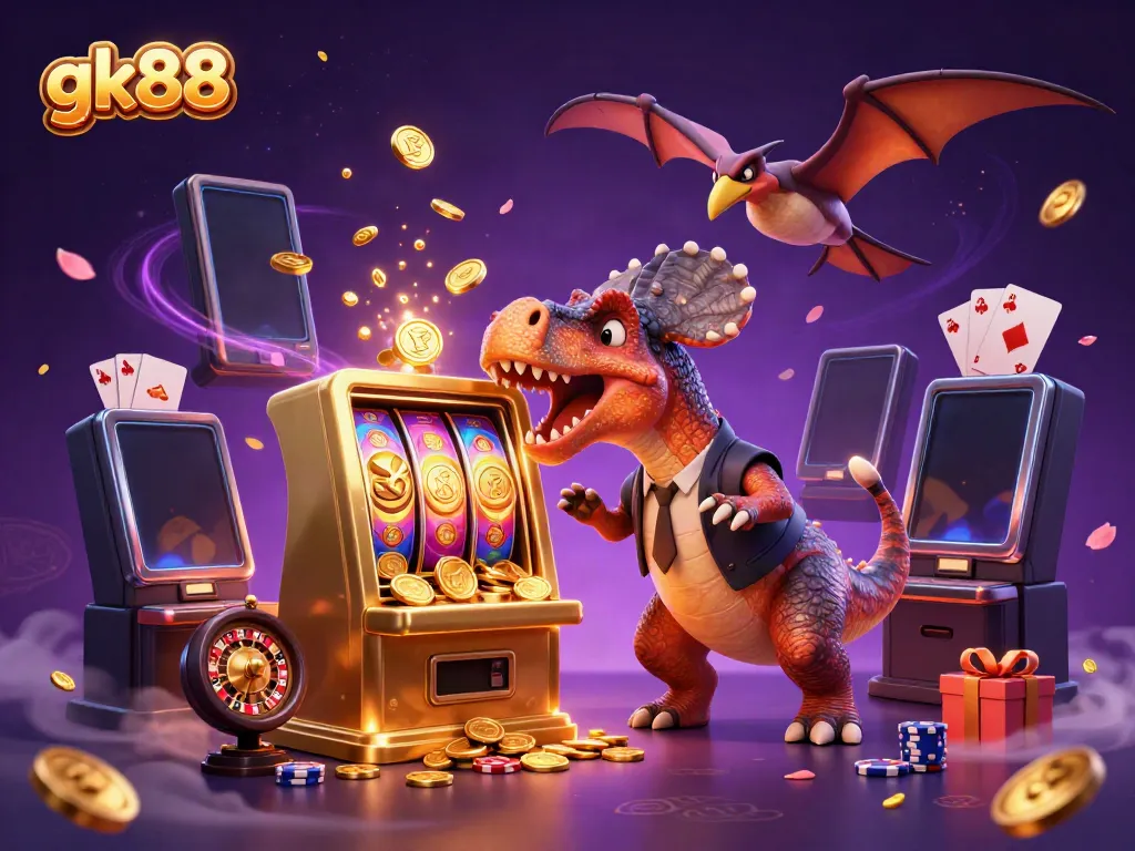 gk88 slot machine adventure with golden coins flying and a funny dinosaur scene