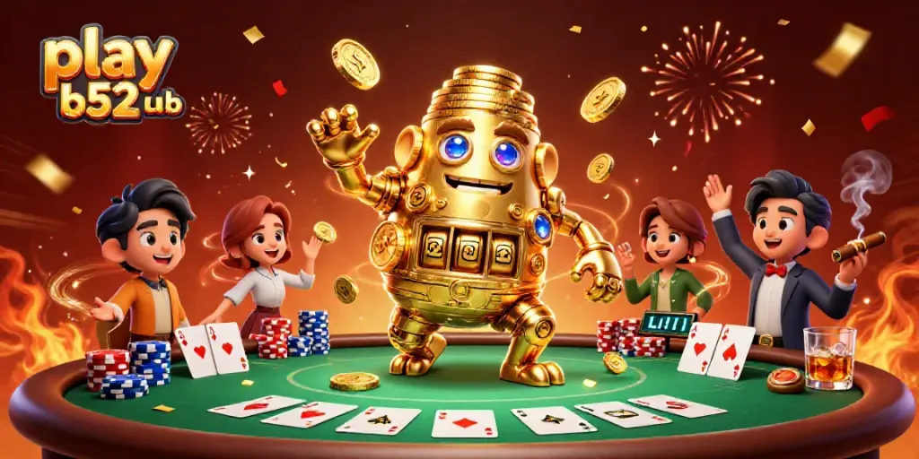 Play B52 Club's vibrant scene illustrating a golden golem amidst poker chips and cards.