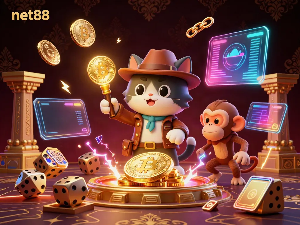 Engage with net88's thrilling casino adventure featuring an archaeologist cat unearthing treasures amidst digital delights.