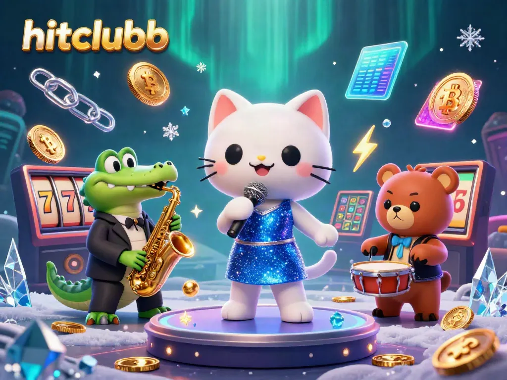 Engage with hitclubb as a jazzy cat performs on stage surrounded by vibrant casino elements.