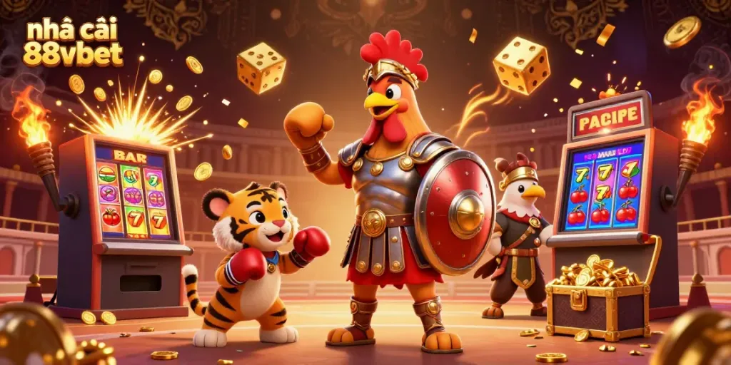 Experience the excitement of nhà cái 88vbet with thrilling illustrations of casino games and winning elements.