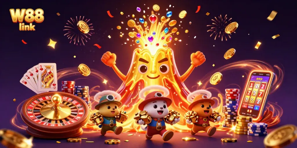 Experience the thrill of W88 link with a vibrant 3D casino scene filled with treasures.