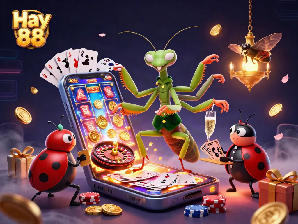 Experience the excitement of Hay 88 with a captivating 3D casino scene filled with animated characters and games.