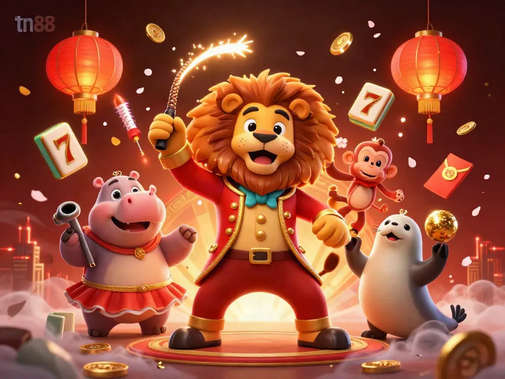 Engage with tn88 casino excitement as the lion ringmaster leads with spinning slot reels and festive elements.
