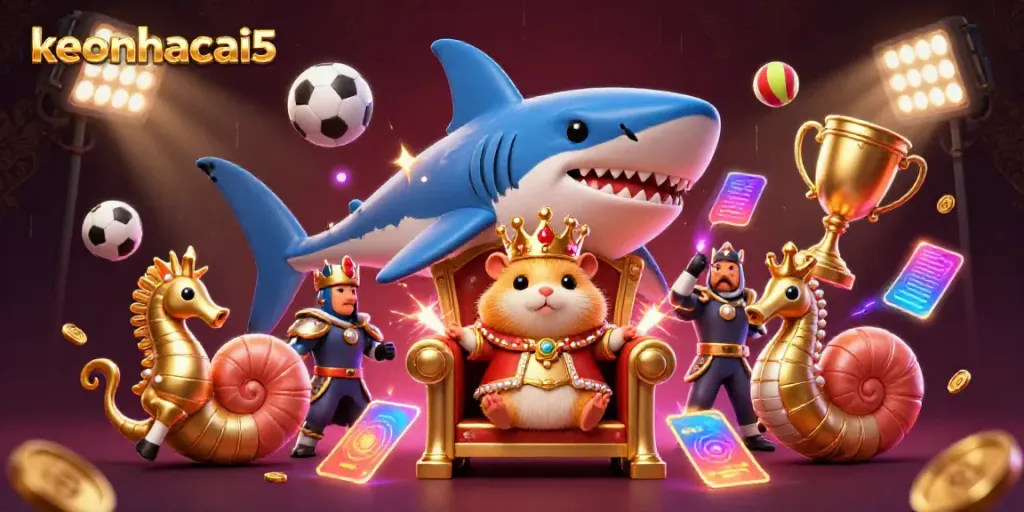 Engage with keonhacai5 in a vibrant, dynamic sports betting scene featuring a golden hamster king and his royal guard, amidst flying sports elements.