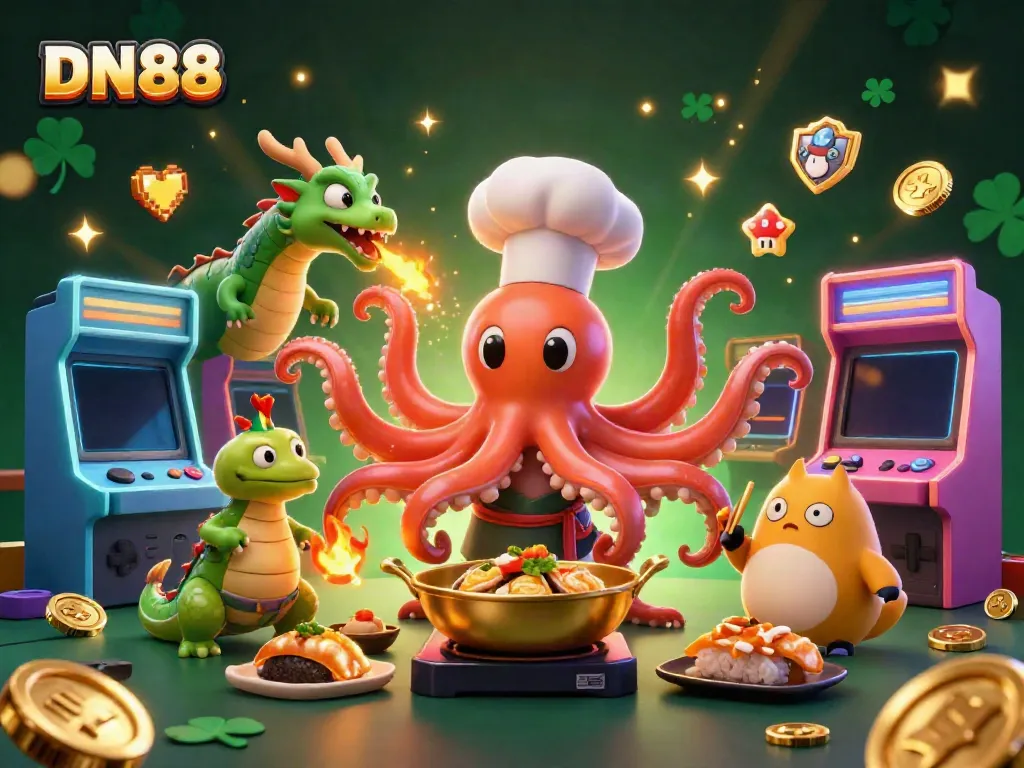 Experience thrilling gameplay at DN88, featuring dynamic casino elements with a vibrant illustration showcasing colorful characters and games.