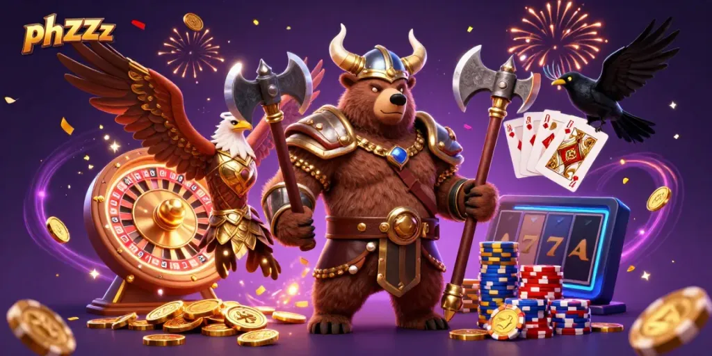Experience the exciting world of phzzz with a dynamic Viking bear and Valkyrie eagle in a vibrant casino scene.