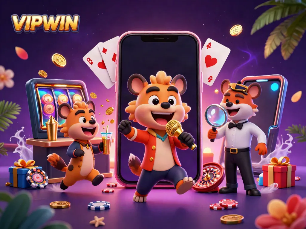 Experience the excitement of VIPWIN casino with lively hyenas entertaining in a vibrant casino scene.