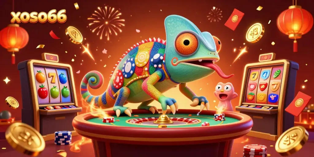 Engage in exciting gameplay at xoso66 with colorful slots and a chameleon casino owner amidst celebratory fireworks.