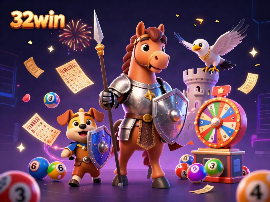Experience excitement with 32win in this vibrant 3D gambling scene filled with dynamic lottery elements.