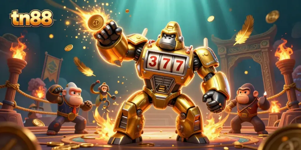 Experience unmatched thrills with tn88, showcasing a golden gorilla mech amidst a vibrant casino atmosphere.