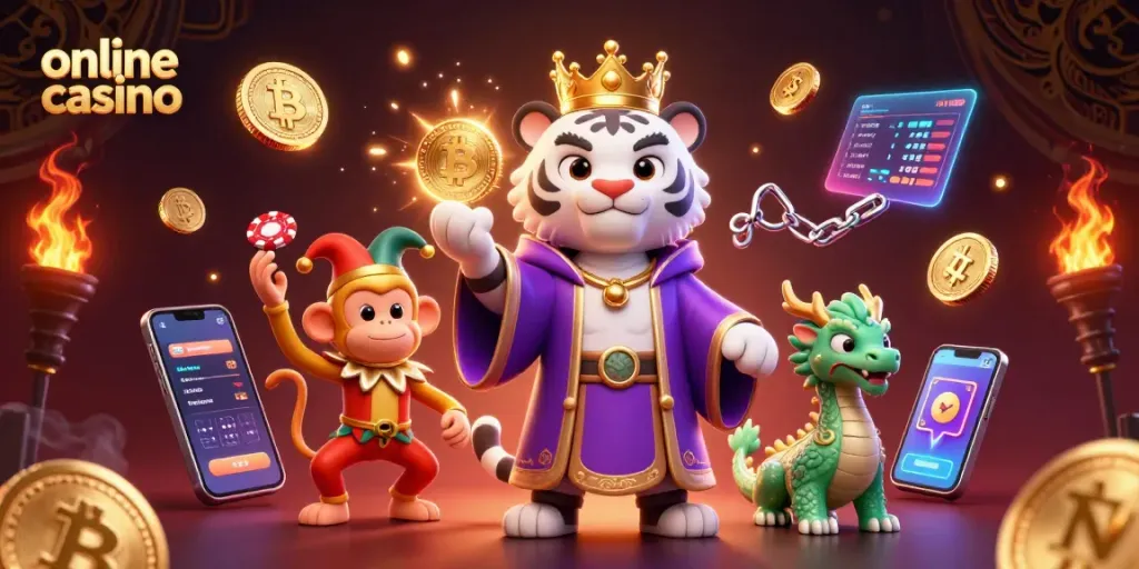 Experience thrilling gameplay at this vibrant online casino showcasing animated characters and crypto elements.