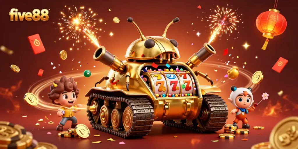 Experience excitement at five88 with a vibrant 3D casino illustration featuring golden beetle tank and slot reels.