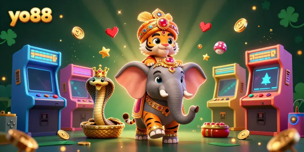 Engage in thrilling gameplay at yo88, featuring a vibrant casino scene with a majestic maharaja, elephant, and gaming elements.