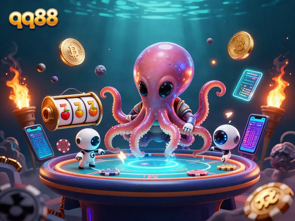 Join the alien octopus at qq88 in a vibrant, 3D poker universe filled with holographic elements.