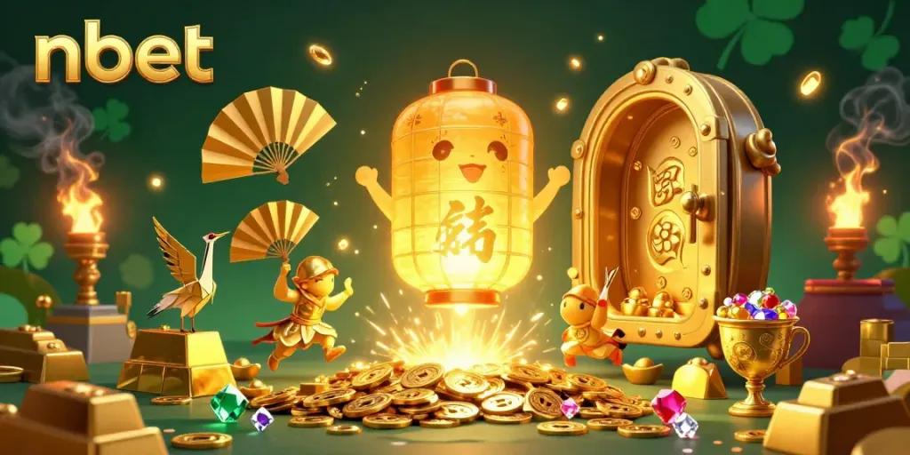 Engage with nbet's vibrant casino scene showcasing a glowing lantern spirit among treasures and lucky symbols.