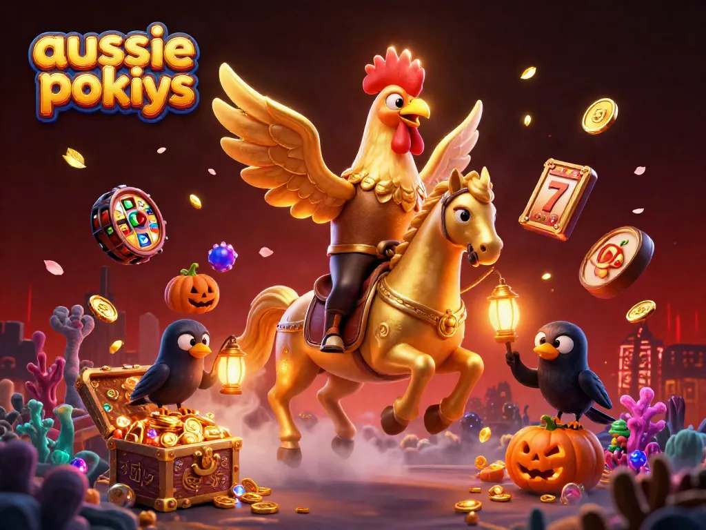 Aussie pokies come alive in a vibrant 3D scene filled with gold coins, jackpot symbols, and colorful gems.