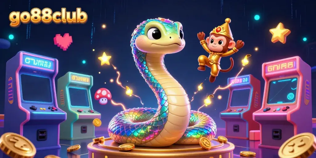 Engage with the colorful world of go88club through an iridescent rainbow serpent and playful monkey king set in a vibrant gaming environment.