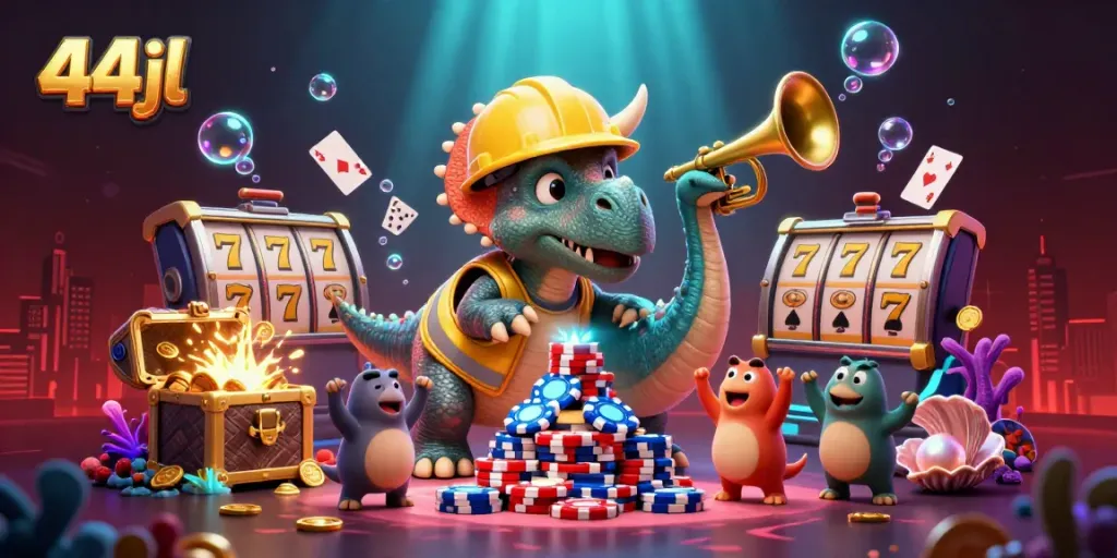 Engage in thrilling casino action with 44jl's dynamic scene featuring poker chips and cheerful characters.