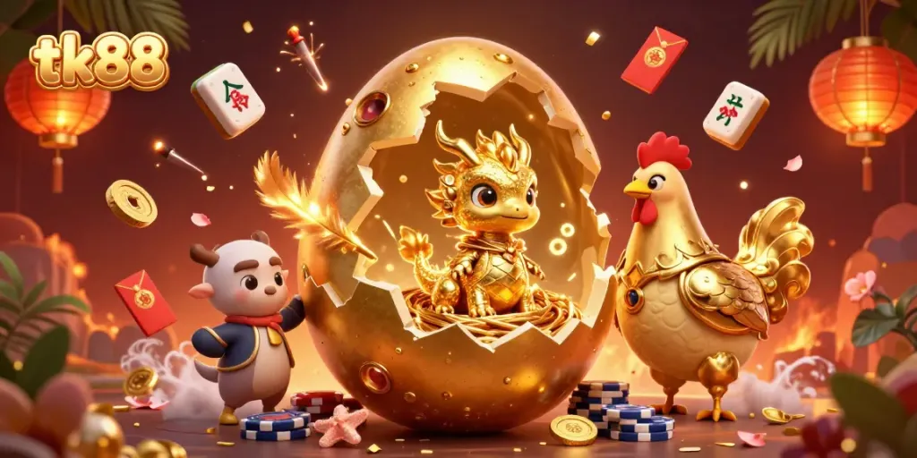 Experience thrilling poker games at tk88 with a golden dragon and poker chips illustration.