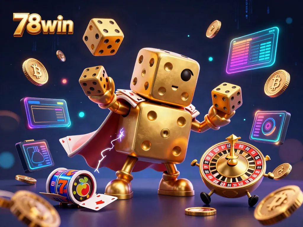 Experience the excitement of 78win with a lively 3D casino scene featuring golden dice and dynamic gambling elements.