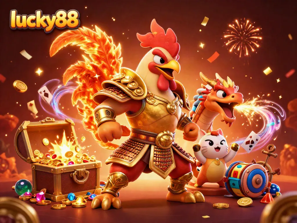 Engage with lucky88's thrilling casino world featuring a cartoon rooster warrior and golden dragon in action.