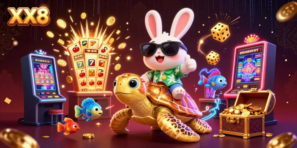 Experience thrilling gameplay with XX8 as a lucky rabbit rides a golden turtle amidst jackpots and colorful games.
