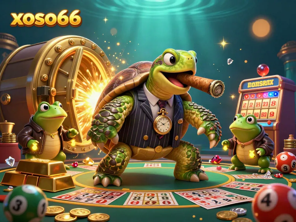 Xoso66 captures the excitement of lottery gaming with vibrant characters and dazzling treasures.