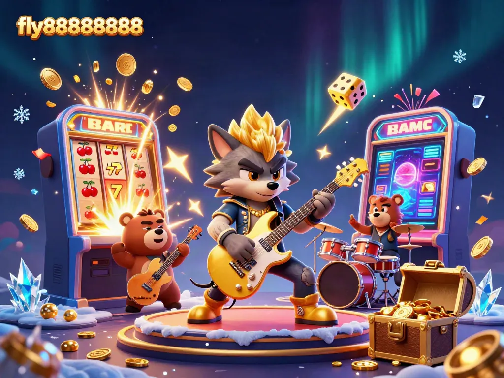 Experience thrilling wins at fly88888888 with cartoon wolf rock star band in a lively casino setting.