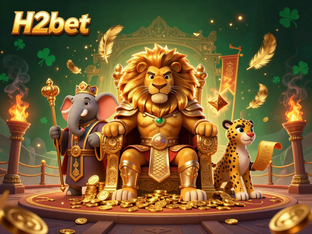 H2bet showcases a vibrant 3D scene with regal characters and elements of casino gaming.