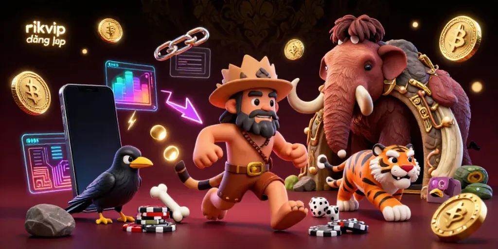 Engage with the thrilling atmosphere of rikvip đăng nhập in an ultra-detailed prehistoric casino illustration.