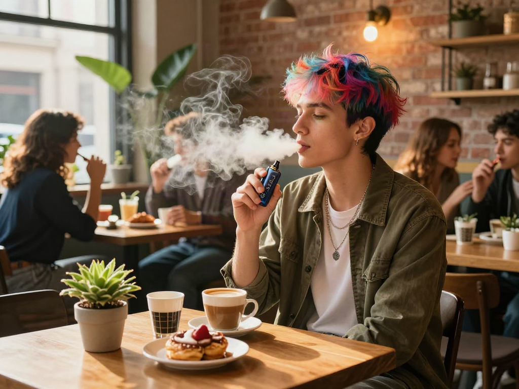 Enjoying a flavorful raz vape in a stylish café, capturing the vibrant urban lifestyle.