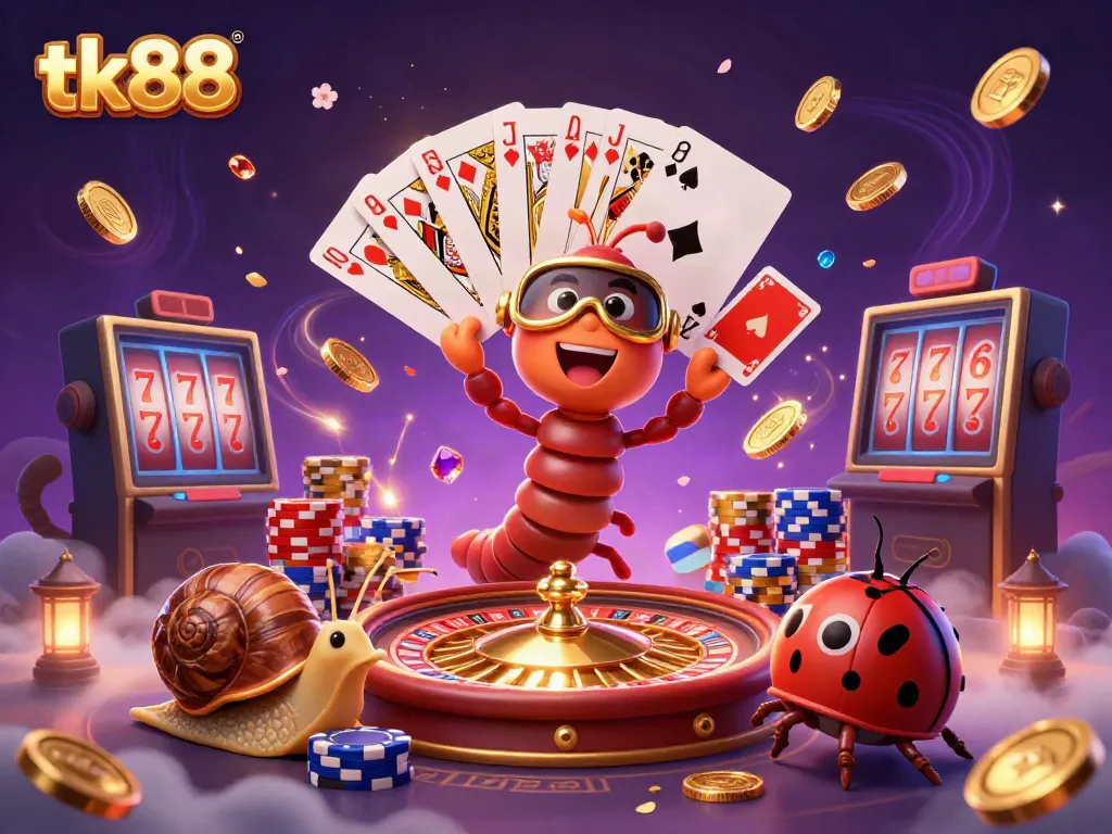 Experience vibrant gameplay with tk88 as a whimsical millipede dealer fanned with cards.