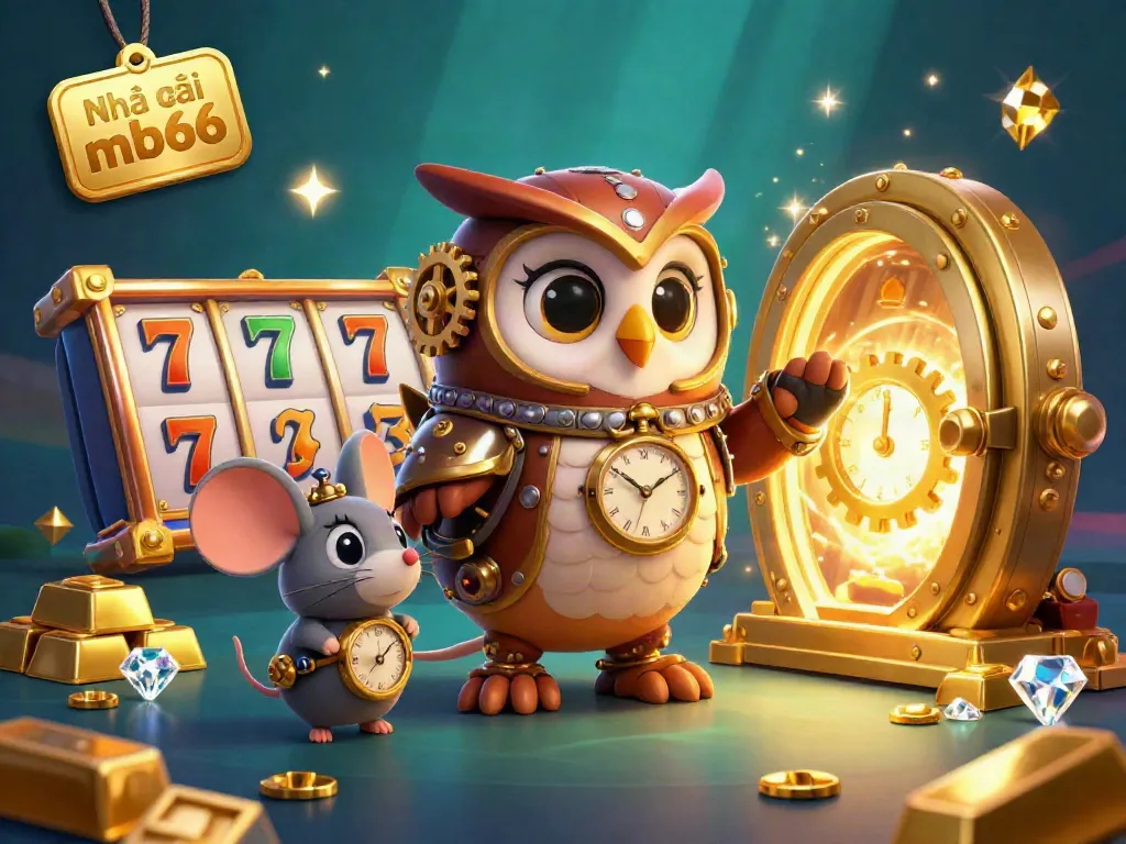 Engage with the slots experience at Nhà cái mb66, showcasing a whimsical, steampunk owl exploring a treasure-filled casino.