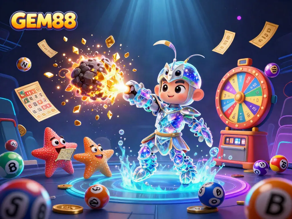 Experience GEM88 with vibrant gaming elements and dynamic characters in an exciting casino scene.